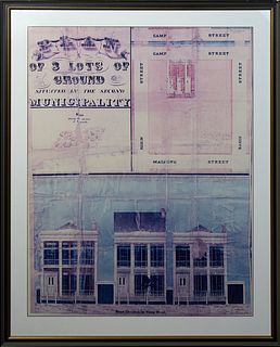 Color Copy of a 19th c. New Orleans Real Estate Plan, for three houses on Camp Street, in the second Municipality, presented in a gray and black frame