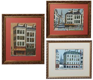 Roger Edward Kuntz (1926-1975, Texas/California), Three French Cityscapes, c. 1950, serigraphs on paper, one signed lower right, the other signed lowe