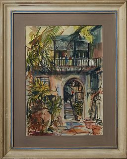 Dorsey (American), "Brulatour Patio, New Orleans," 1956, watercolor on paper, signed and dated lower right, titled lower left, presented in a painted 