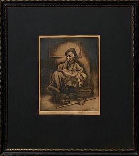 Jackson Lee Nesbitt (1913-2008, Missouri/Oklahoma), "The Blind Beggar," 20th c., etching, edition of 30 written in pencil on bottom, pencil signed low