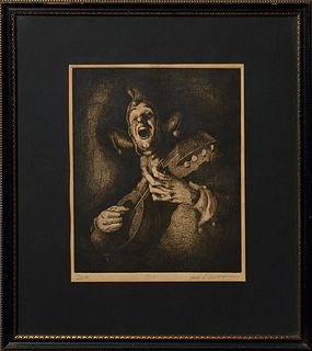 Jackson Lee Nesbitt (1913-2008, Missouri/Oklahoma), "Jester," 20th c., etching, editioned 18/50 in pencil on bottom, signed in pencil lower right, tit