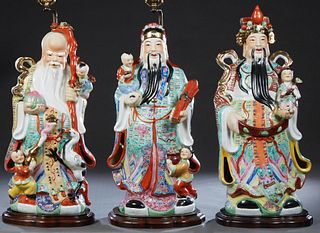 Three Large Chinese Polychromed Porcelain Figures of the Star Gods, 20th c., representing fortune, prosperity and longevity, Larger- H.- 28 in., W.- 1