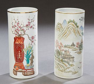 Two Chinese Porcelain Hat Stands, 20th c., with scenic and floral decoration, the undersides with a red stamped mark, H.- 11 in., Dia.- 4 3/4 in. (2 P