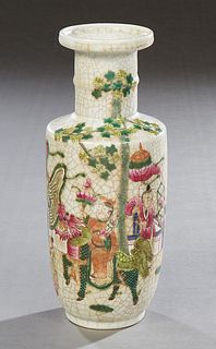 Chinese Enameled Crackleware Baluster Vase, 20th c., with figural and garden decoration, the underside with a stamped brown mark, H.- 10 3/4 in., Dia.