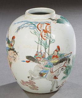 Chinese White Porcelain Baluster Ginger Jar, 20th c., painted with warriors on horseback in a landscape, lacking the lid, H.- 9 1/2 in., Dia.- 8 in.