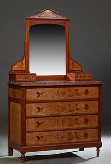 French Art Nouveau Inlaid Walnut and Pitch Pine Marble Top Dresser, early 20th c., in the manner of Emile Galle, with a central wide beveled arched mi