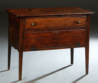 Unusual French Provincial Carved Pine Chest, 19th c., the rounded corner top over a deep drawer and a fall front storage area, on tapered square legs,