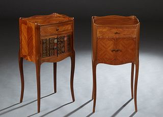 Near Pair of French Louis XV Style Carved Cherry Nightstands, 20th c., the 3/4 galleried crotched top over a frieze drawer on one and double book spin