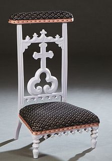 French Polychromed Beech Prie Dieu, 19th c., the upholstered arm rest over a cruciform back splat, to a bowed kneeler, on tapered legs, in pale violet
