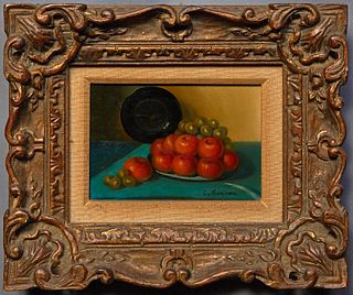L. Gonjeau, "Still Life of Clementines and Grapes," 20th c., oil on board, signed lower right, with "Stiffel" sticker en verso, presented in a polychr