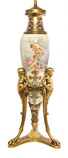 A Sevres Style Gilt Bronze and Champleve Enamel Mounted Porcelain Vase Height 28 1/4 inches.