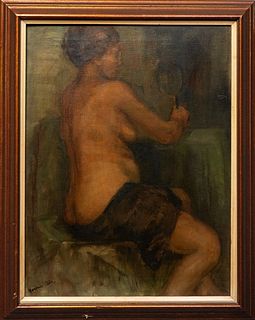 Marjorie Elder, "Portrait of a Seated Nude with Mirror," early 20th c., oil on canvas, signed lower left, presented in a polychromed frame, H.- 23 1/2