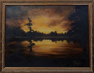 Nell Hennessey Buckley (1928-2010, Louisiana), "Bayou Sunset," late 20th c., oil on canvas board, signed lower right, presented in a gilt frame, H.- 1