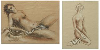 Simone de Virgile (1917-2015, American/French), pair of drawings, "Reclining Nude," and "Kneeling Nude," charcoal on paper, each signed in chracoal lo