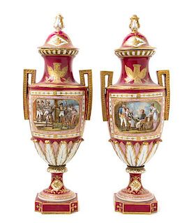 A Pair of Sevres Porcelain Covered Vases Height 18 inches.