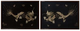 Pair of Chinese Embroidered Dragons and Clouds, 19th c., with gold and silver thread on black silk, presented in a mahogany shadowbox frame, H.- 18 7/