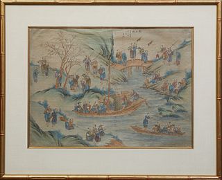 Meng Hsueh (Chinese), "The Fishing Party," watercolor on silk, possible translation of Chinese characters on front of artist name and title written in