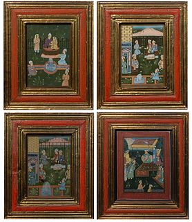 Indian School, "Nobles in a Garden," four watercolors on mahogany panels, presented in matching gilt and polychromed frames, H.- 6 1/2 in., W.- 4 1/2 