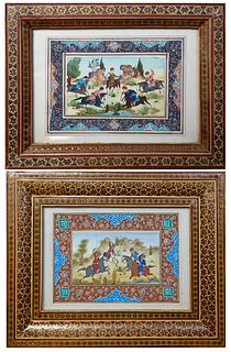 Indian School, "Hunters on Horseback," 20th c., presented in intricately inlaid frames, H.- 4 in., W.- 5 5/8 (2 Pcs.) Provenance: Property from a dist