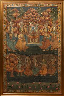 Indian School, "Procession Before the Maharajah," 20th c., watercolor on silk, presented in a gilt frame, H.- 42 1/2 in., W.- 65 1/2 in. Provenance: P