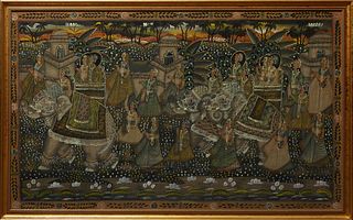 Indian School, "Procession with Elephants," 20th c., watercolor on paper, presented in a gilt frame, H.- 36 1/4 in., W.- 60 in. Provenance: Property f