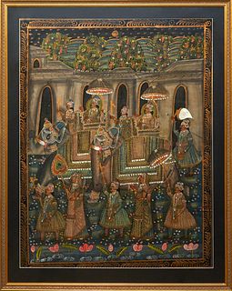 Indian School, "The Maharajah and His Attendants in a Procession," early 20th c., watercolor, presented in a gilt frame, H.- 38 1/4 in., W.- 29 in. Pr