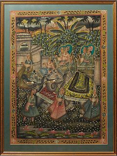 Indian Painted Batik, early 20th c., with figures and an elephant in a landscape, presented in a gilt frame, H.- 37 3/8 in., W.- 27 1/2 in. Provenance