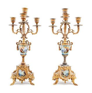 A Pair of Gilt Metal Mounted Sevres Style Porcelain Four-Light Candelabra Height 16 inches.
