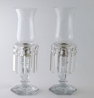 Pair of Pressed Crystal Candelabra, 20th c., of hexagonal form, on a knopped support, with a metal mounted etched glass hurricane shade, and a crystal