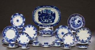 Large Assembled Group of Forty-Seven Pieces of English Flow Blue Dinnerware, 19th c., consisting of an octagonal platter, 4 teacups, 3 demitasse cups,