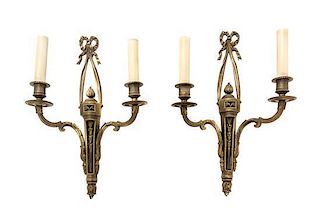 A Pair of Louis XVI Style Gilt Bronze Two-Light Sconces Height 14 1/2 inches.