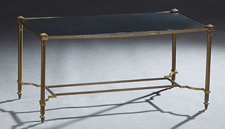 Louis XVI Style Brass Slate Top Coffee Table, 20th c., the rectangular inset black slate top on turned legs joined by H-form stretchers, H.- 17 in., W