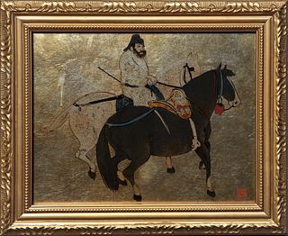 After Gan Han (706-783, China), "Man Herding Horses," 21st c., oil and gold leaf on lacquer, signed Lena on lower right, presented in a gilt frame, H.