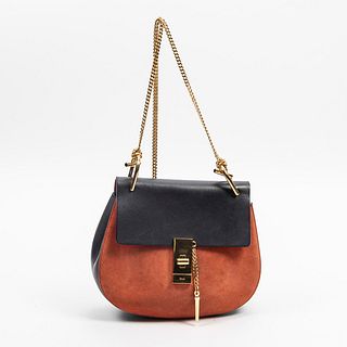 Chloe Drew Shoulder Bag, in orange suede and navy blue calf leather with golden hardware, opening to a beige suede lined interior with a side open sto