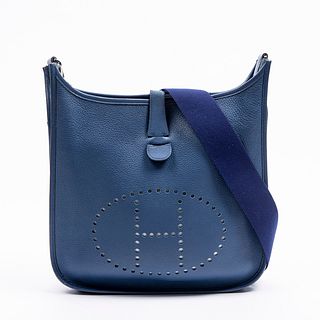Hermes Evelyne 2 GM Shoulder Bag, c. 2007, in blue togo calf leather with silvered hardware, opening to a blue suede lined interior with a long open p