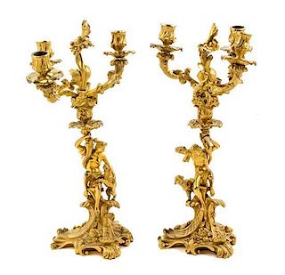 A Pair of Continental Gilt Bronze Three-Light Candelabra Height 16 1/4 inches.