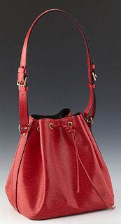 Louis Vuitton Noe PM Shoulder Bag, in a red epi calf leather, with red leather straps and golden brass hardware, opening to a black lined interior, H.