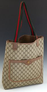 Gucci Web Tall Tote Bag, in supreme brown and beige monogram coated canvas with red and green canvas handles, opening to a brown canvas lined interior