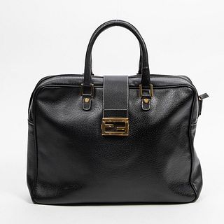 Vintage Fendi Briefcase, in black grained calf leather with golden hardware, opening to a black canvas lined interior with several black leather open 