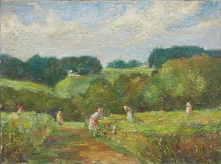 American School, in the manner of Jean-Francois Millet, "The Field Workers," 20th c., oil on canvas, indistinct initials or date on lower right, unfra