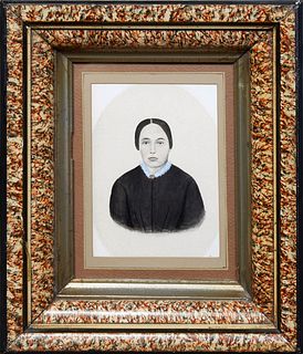 American School, "Portrait of Woman in Mourning," 19th c., gouache on paper, unsigned, presented in a polychromed frame, H.- 6 1/16 in., W.- 4 3/8 in.