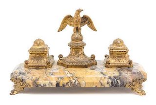 A Continental Gilt Bronze and Marble Encrier Height 8 x width 15 inches.