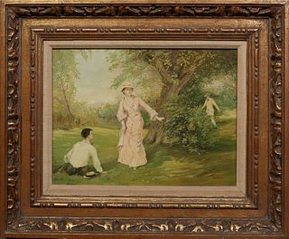 Boras, "Secret Garden Encounter," early 20th c., oil on board, signed lower right, presented in a gilt frame, H.- 11 1/4 in., W.- 15 3/8 in., Framed H