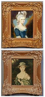 Boras, "Portrait of a Lady with a Hat and Shawl," and "Portrait of a Lady in Blue with a Feather Fascinator," 20th c., pair of oils on board, each sig