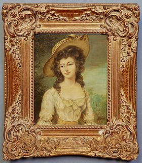 Boras, "Portrait of a Woman with Hat," 20th c., oil on panel, signed lower right, presented in a gilt frame, H.- 9 3/8 in., W.- 7 1/2 in., Framed H.- 