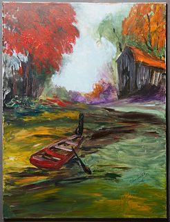 Anna Sandhu Ray (1946- , Virginia), "Canoe Along the River," 20th c., oil on canvas, signed lower right, unframed, H.- 40 in., W.- 30 in.