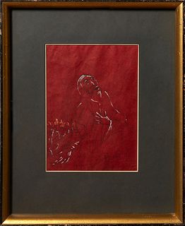 Franz Weiss (1903-1982, Louisiana/Germany), "Mourner's Kiddush," 1969, ink and pastel on red paper, signed and dated lower right, presented in a wide 