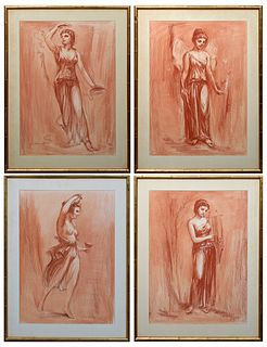 Charles Henry Reinike (1906-1983, Louisiana), Group of Four Drawings Consisting of: "Grecian Woman with Lyre," "Grecian Woman with Bow and Wings," "Gr