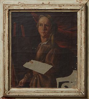 American School, "Portrait of an Artist," early 20th c., oil on canvas, unsigned and unfinished, initialed E.V. en verso, presented in a polychromed f