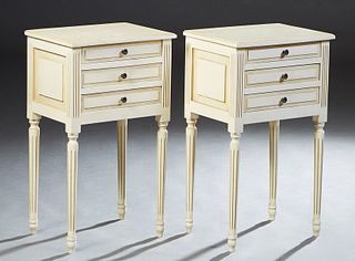 Pair of French Louis XVI Style Polychromed Beech Nightstands, 20th c., the stepped rectangular top over a bank of three drawers, flanked by reeded pil
